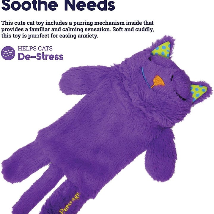 The purple furry cat-shaped toy
