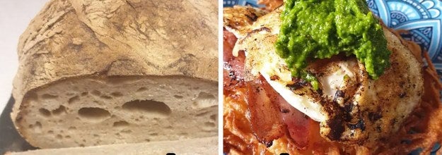 Side by side image showing baked sourdough bread and a fancy breakfast with the caption 