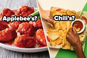 A basket of wings are on the left labeled, "Applebee's" with nachos on the right labeled, "Chili's?"