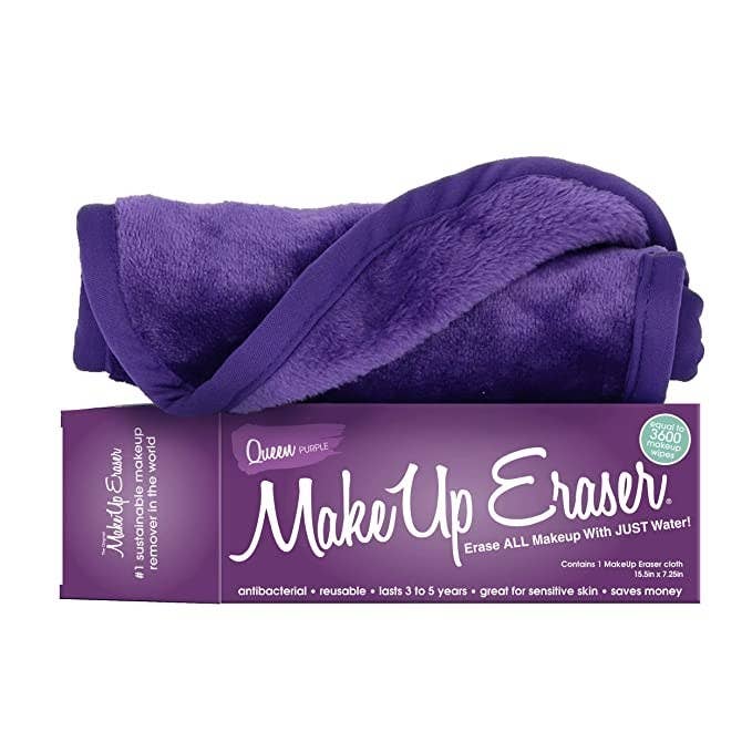 Purple make-up removal cloth.