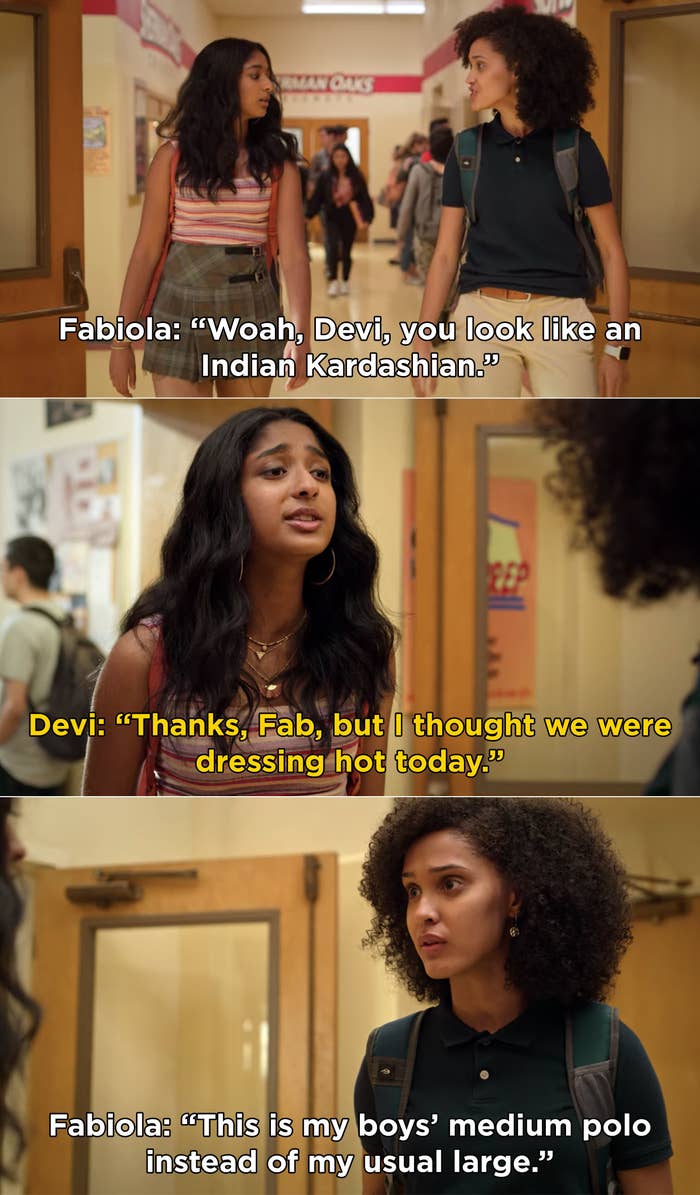 Devi telling Fabiola she thought they were dressing hot and Fabiola saying she did too, she's wearing her "boys medium polo" instead of a large