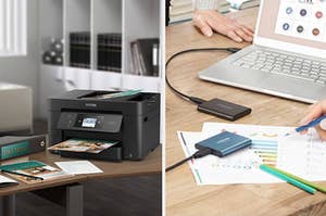 L: Epson inkjet printer R: A black and blue SSD connected to a laptop