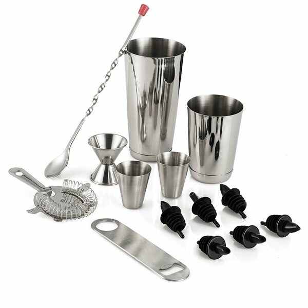 A bartender&#x27;s tool set with cocktail shakers, jiggers, a strainer, and a mixing spoon.