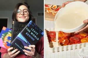 on the left the writer holding three book of the month books, on the right a ceramic bowl with a pour spout pouring batter