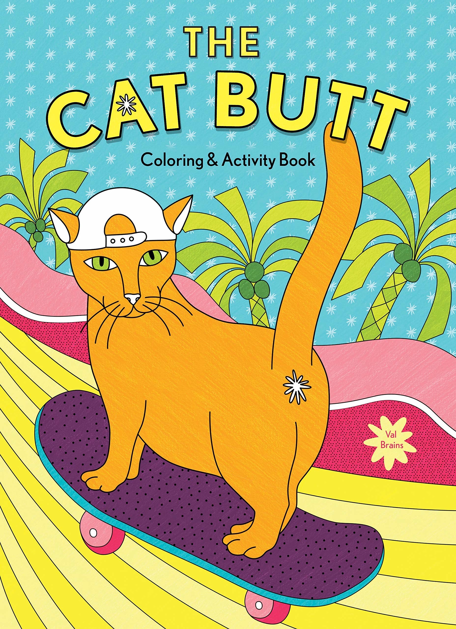 The front of the coloring book which shows a cat on a skateboard