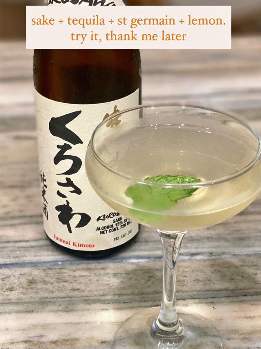 A sake cocktail with a shiso leaf.