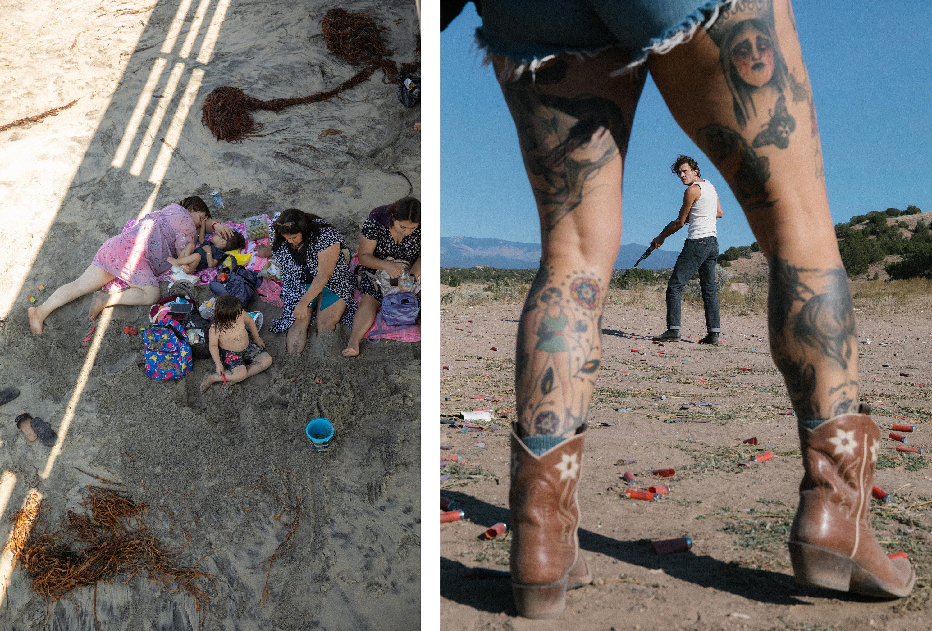 A family lying on the beach, photographed from above; a man with a rifle looking back at the camera through the tattooed legs of a woman in cowboy boots