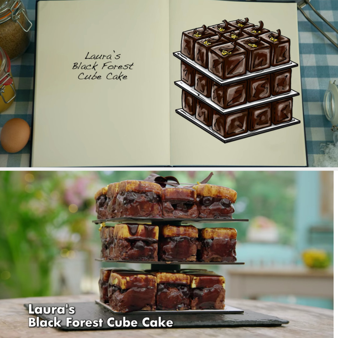 Laura&#x27;s cube cakes side by side with their drawing