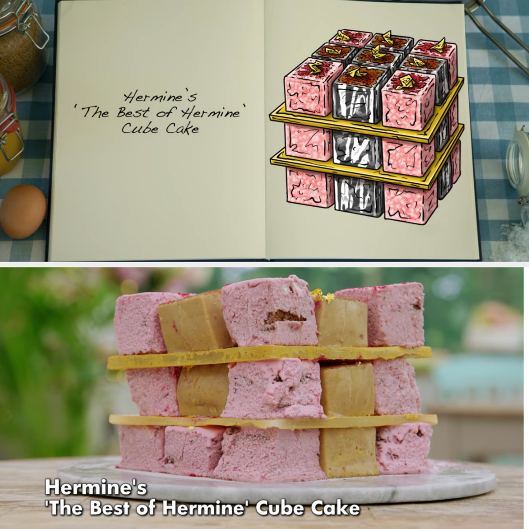 Hermine&#x27;s cube cakes side by side with their drawing