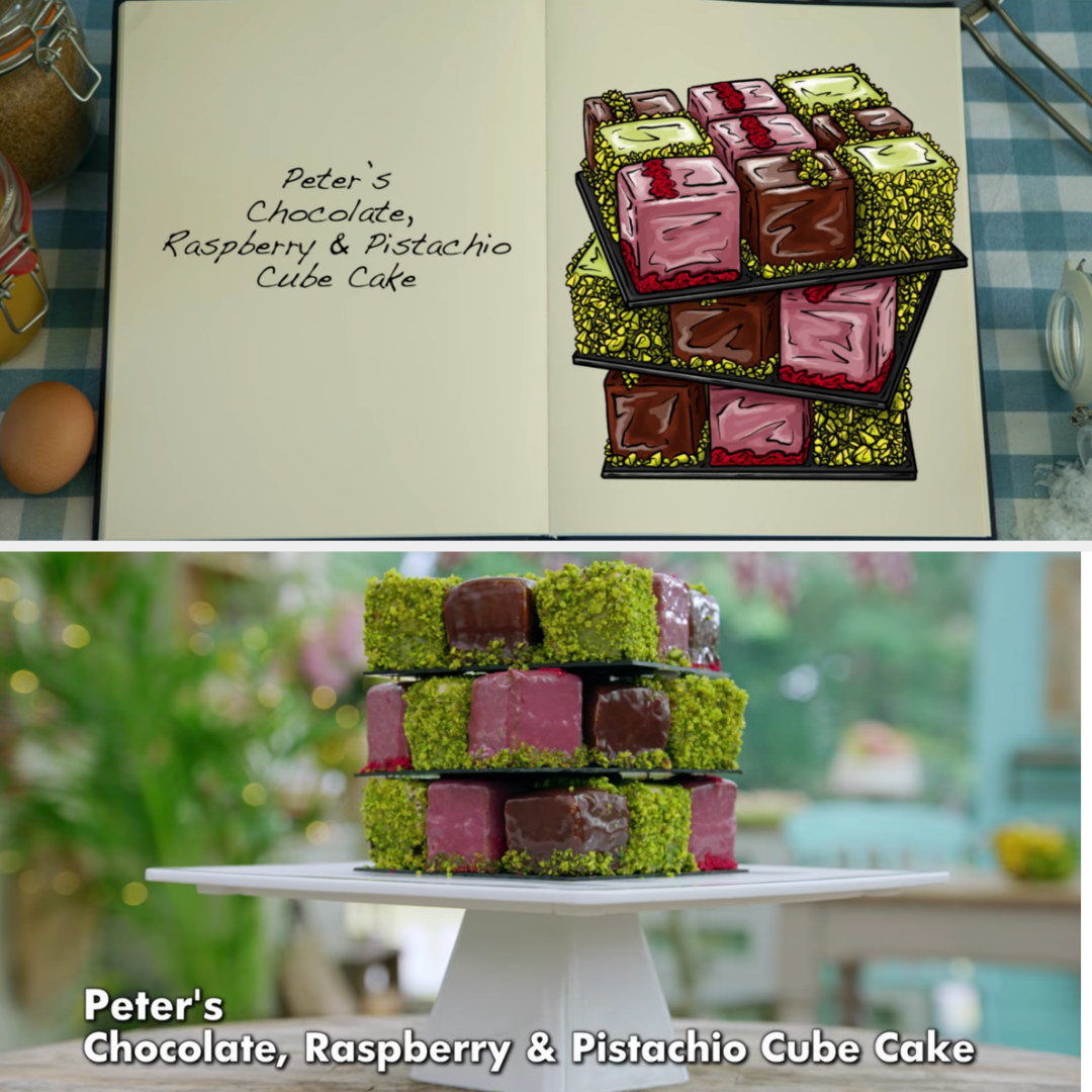 Peter&#x27;s cube cakes side by side with their drawing