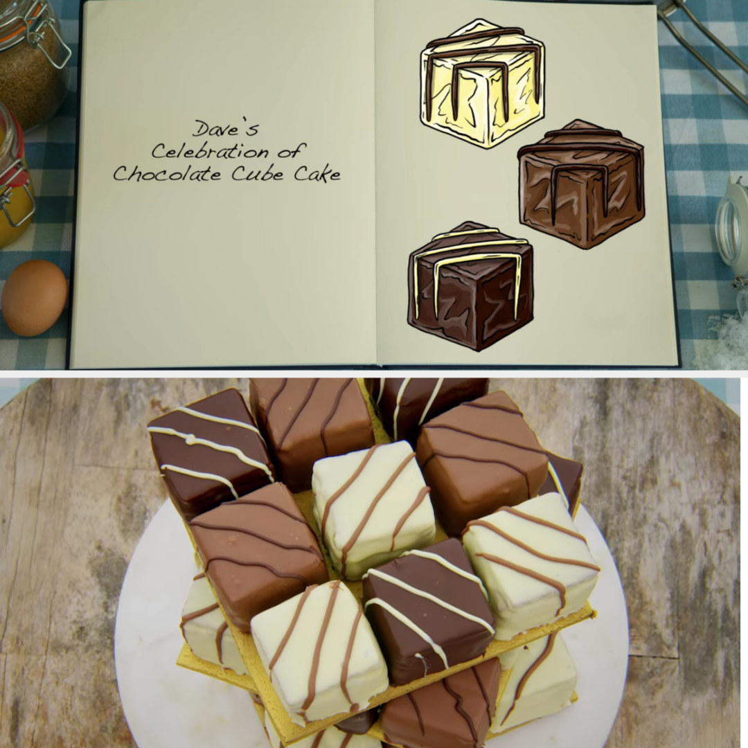 Dave&#x27;s cube cakes side by side with their drawing