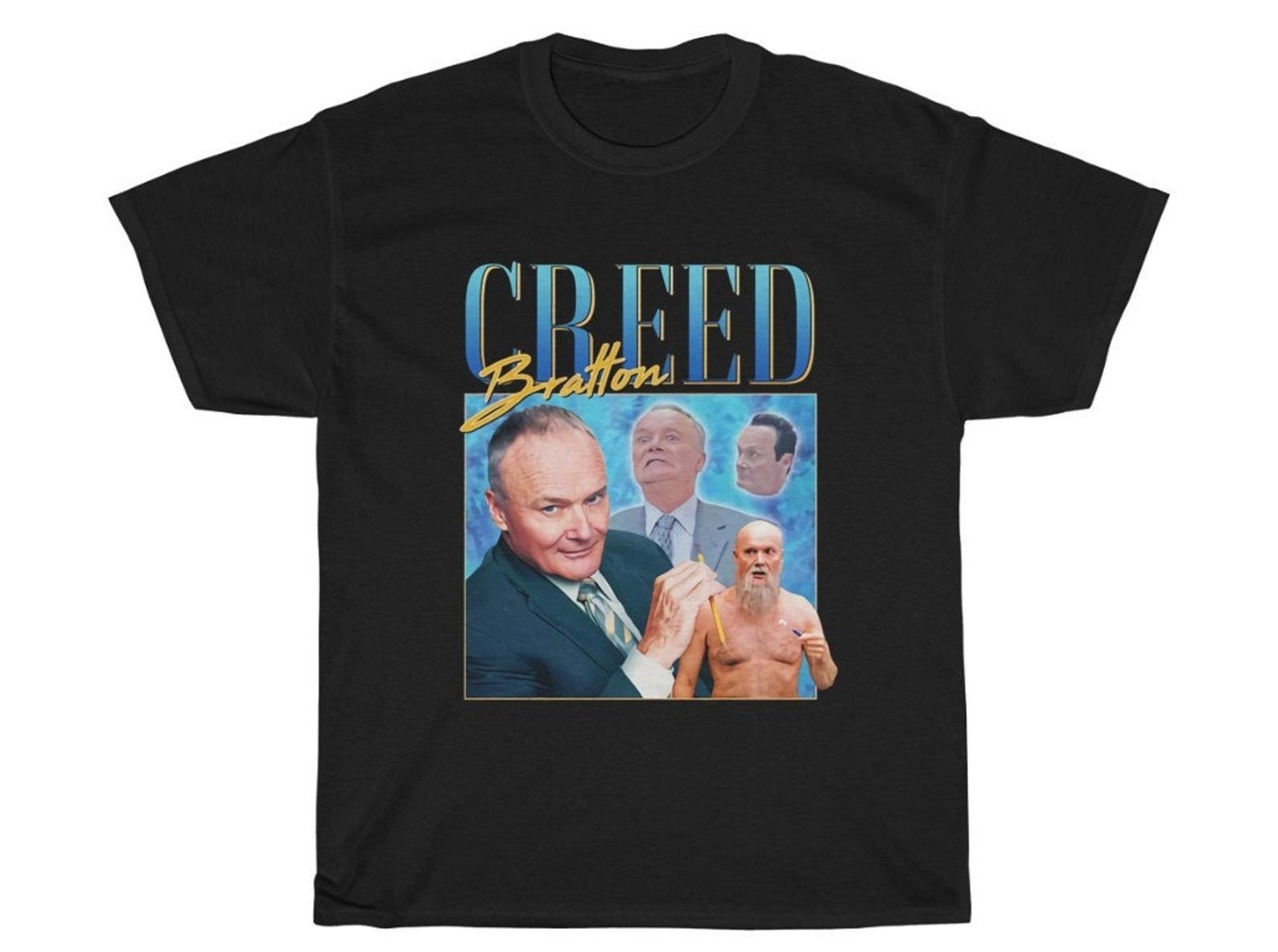 shirt that says &quot;Creed Bratton&quot; with different Creed faces