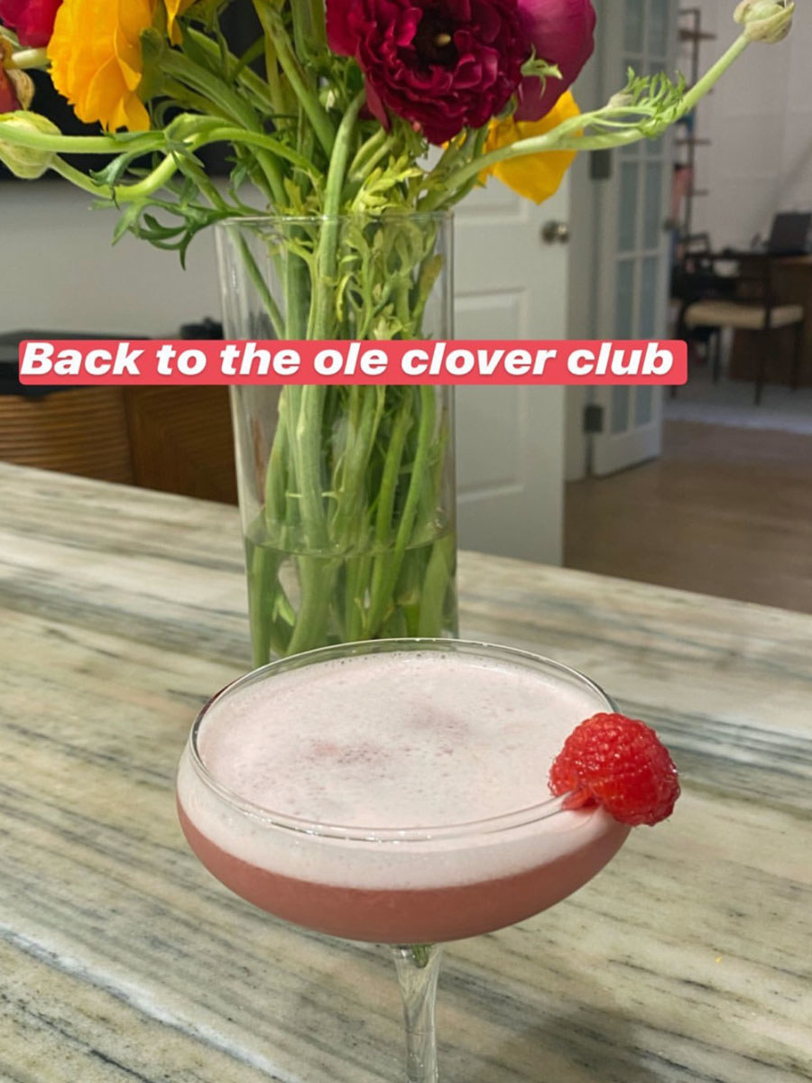 A bright pink Clover Club cocktail with raspberry garnish.