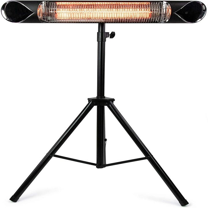 Horizontal heater turned on atop a tri-pod stand