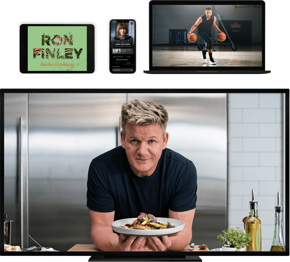 MasterClass courses with Ron Finley, Anna Wintour, Stephen Curry, and Gordon Ramsay displayed on a tablet, iPhone, laptop, and TV