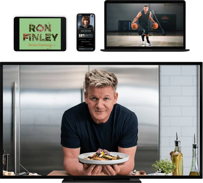 MasterClass courses with Ron Finley, Anna Wintour, Stephen Curry, and Gordon Ramsay displayed on a tablet, iPhone, laptop, and TV