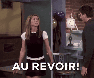 a gif of rachel greene leaving backward out a door saying &quot;au revior&quot;