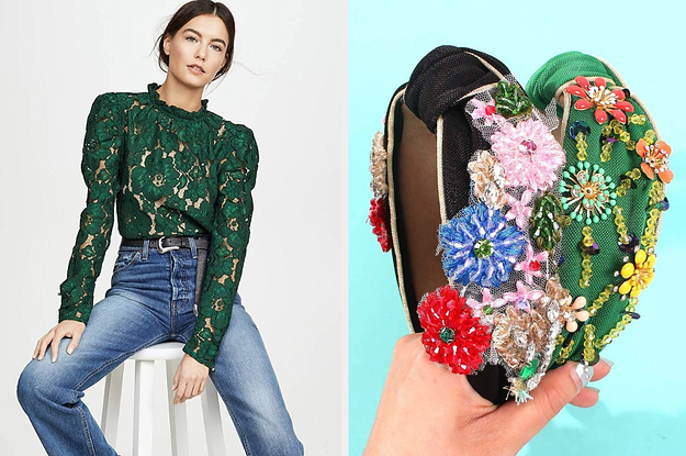 On the left, a model in a green lace top. On the right, embellished headbands