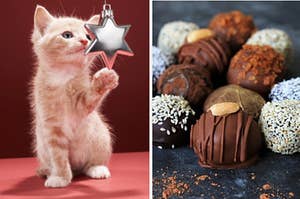 A cat is on the left playing with a star along with an assortment of chocolate on the right