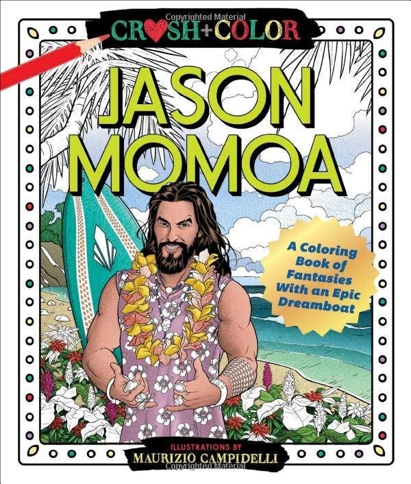 The coloring book cover which has Jason Momoa posed in front of a surfboard on the beach