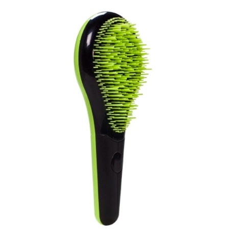 green detangling brush with a black handle