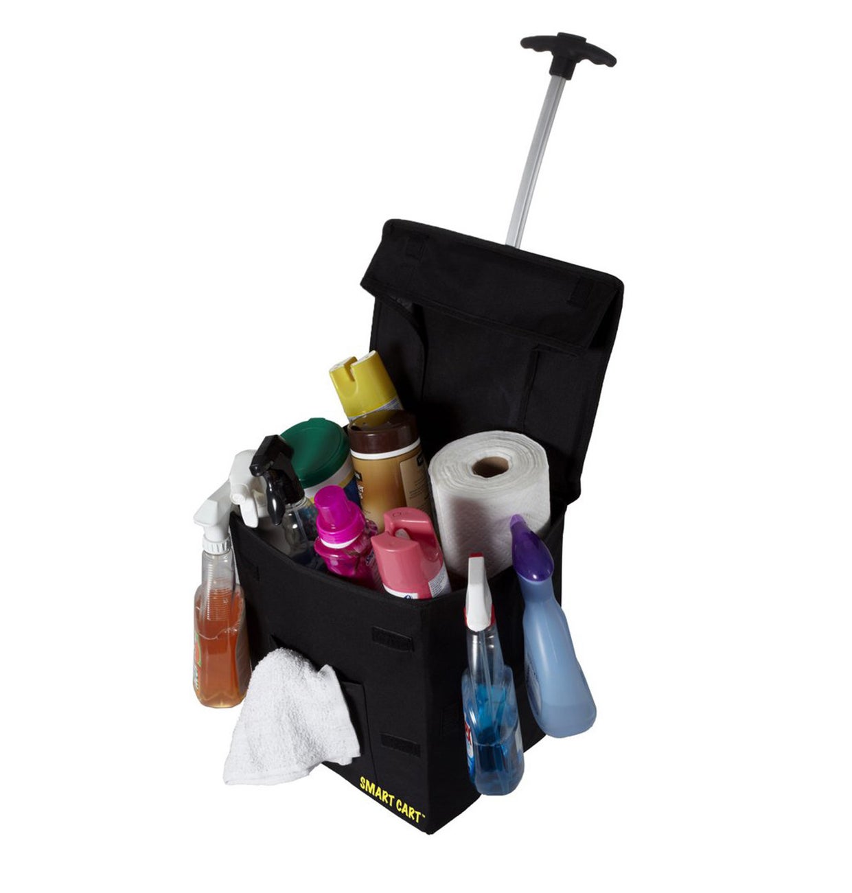 black rolling smart cart with cleaning supplies in it