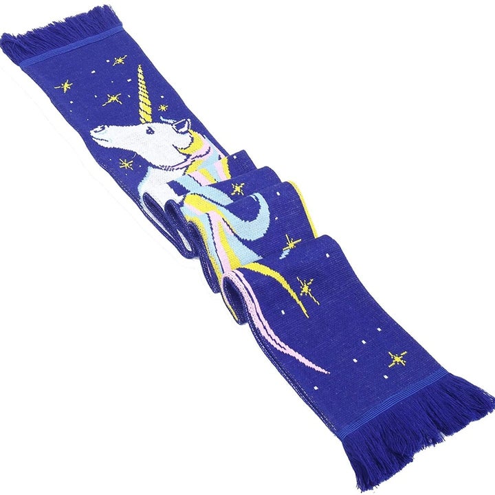 The scarf in blue with a unicorn on it