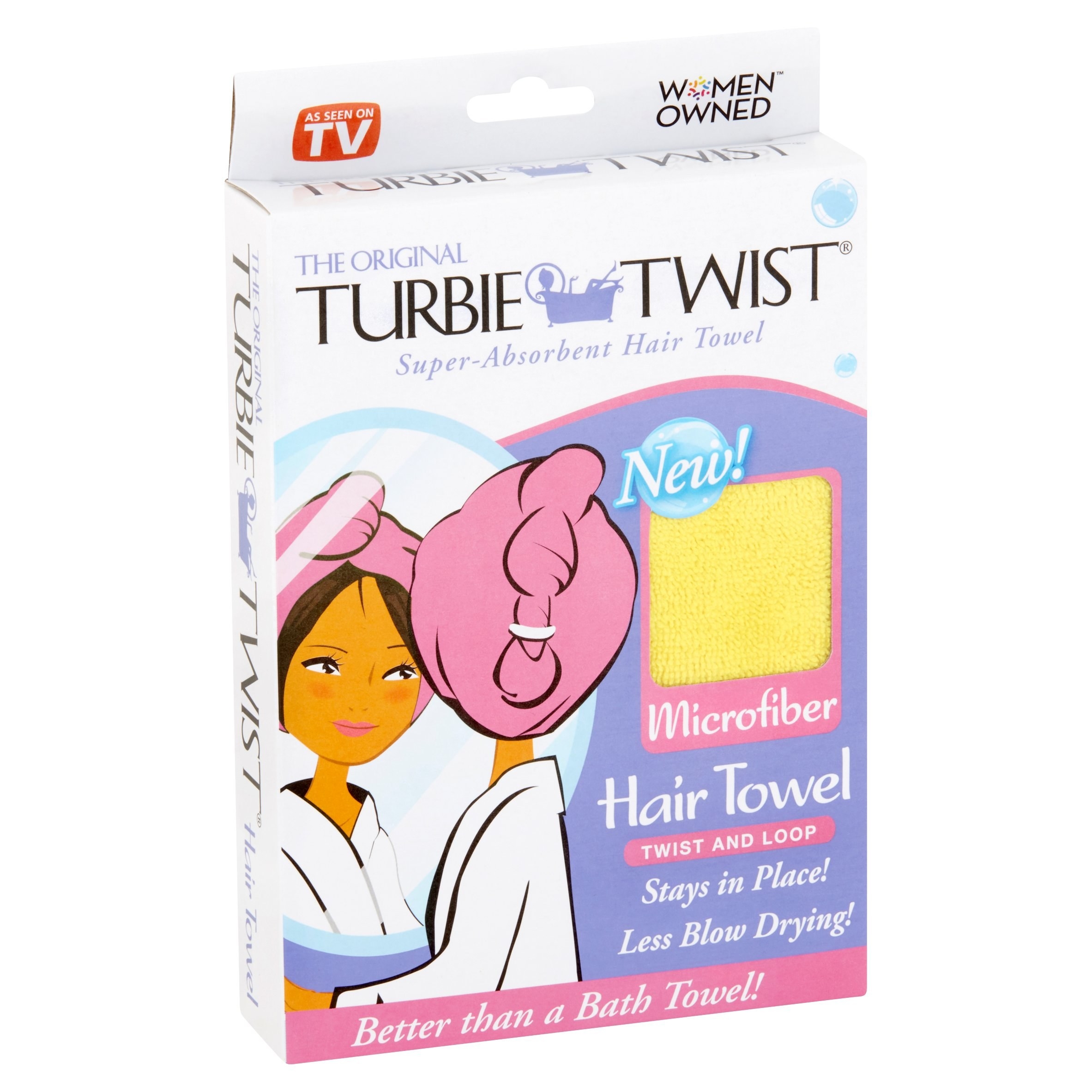 package of a turbie towel with a drawing of a person with a turbie towel on
