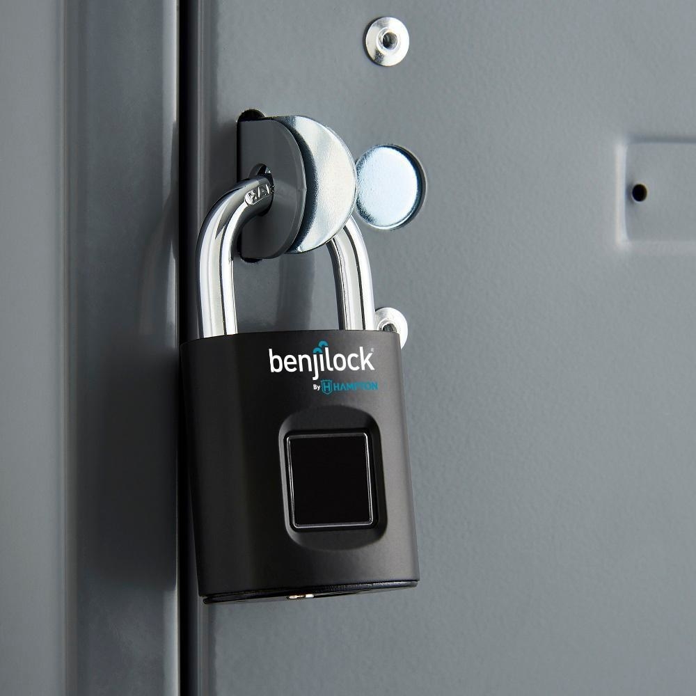 black benjilock fingerprint padlock on a locker