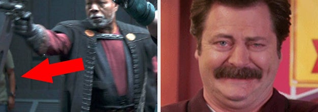 A side-by-side of a crew member in the background of a shot from