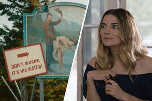 Alexis Rose looking at the Schitt's Creek town sign with a bemused expression