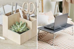 to the left: a desktop organizer with a spot for a succulent, to the right: a laptop bed desk