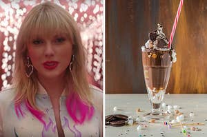 Taylor Swift is on the left with a glass of chocolate milkshake on the right