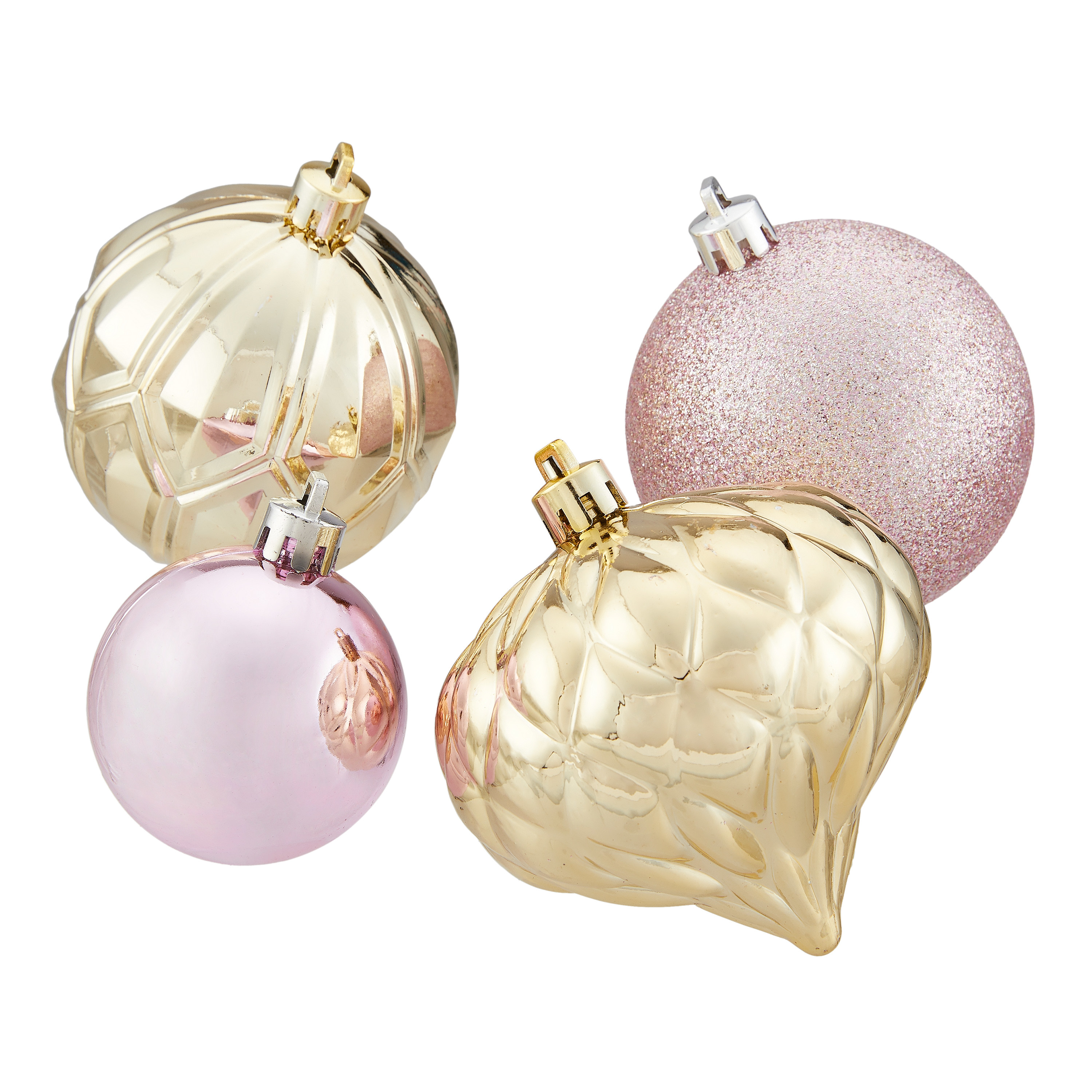 The set of four shatter-proof ornaments in pink and gold