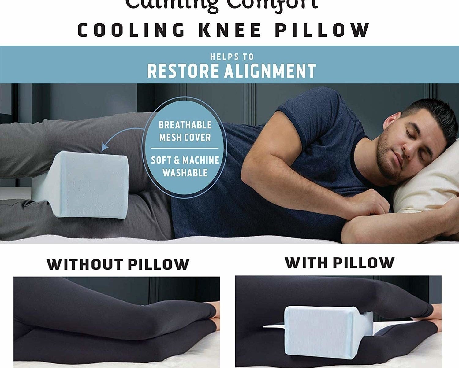 person with perfect alignment while using the calming comfort knee pillow