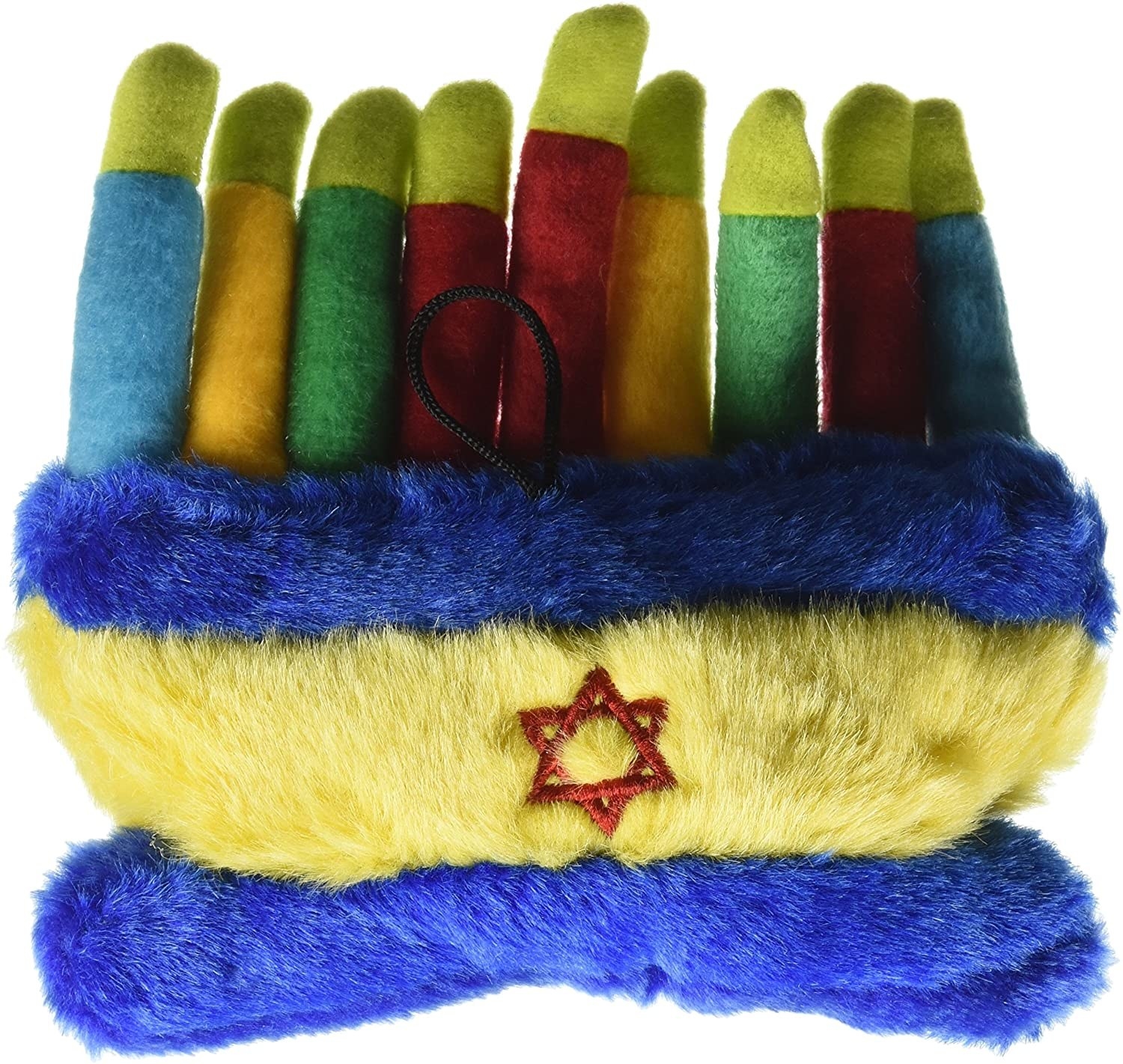 The plush toy, which looks like a menorah, and has a long yellow base with a Star of David on it, and nine plush candles, each with a fabric flame