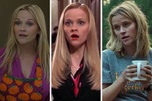 On the left, Reese Witherspoon as Madeline in "Big Little Lies," in the middle, Reese as Elle in "Legally Blonde," and on the right, Reese as Cheryl in "Wild" 