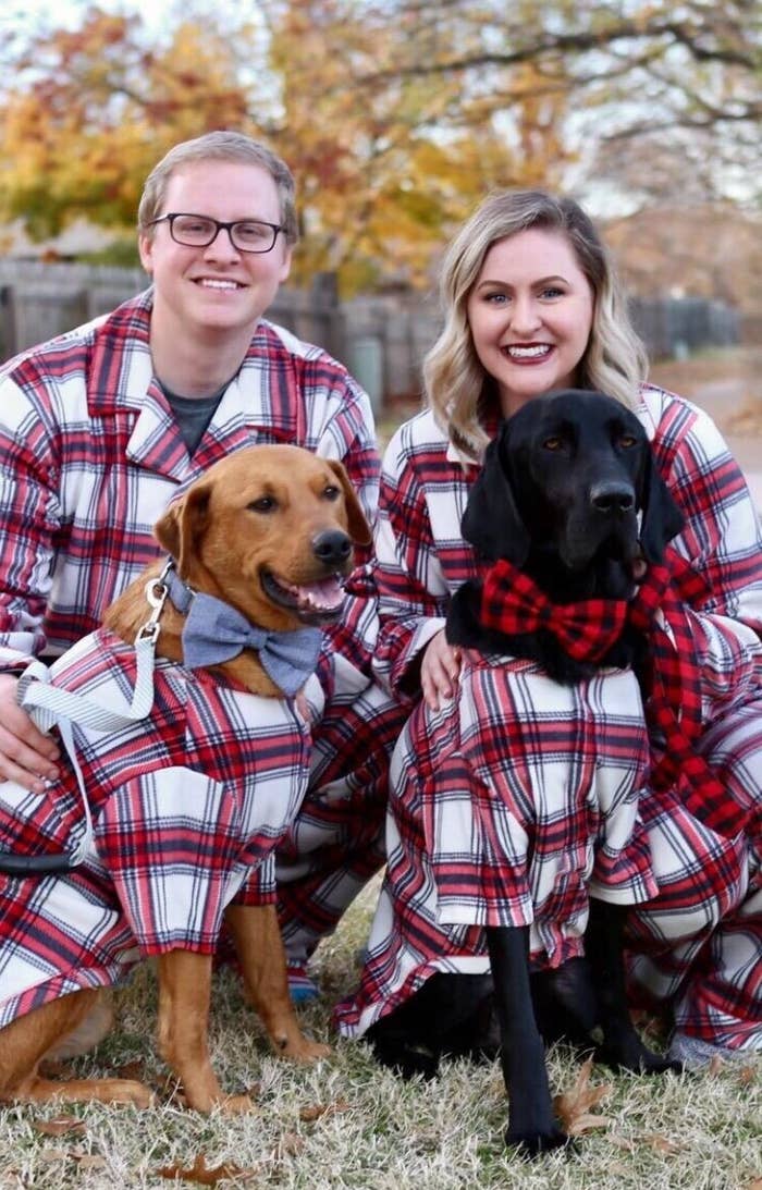 The pajamas, which were a red-and-white plaid with blue stripes, which fit normally on the humans and fit loosely on the dogs with loose sleeves