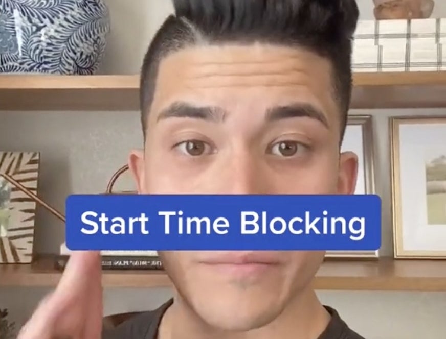 A man in front of on screen text that says &quot;start time blocking&quot;