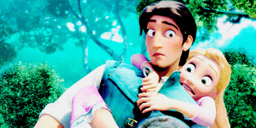 Rapunzel grabbing onto startled Flynn&#x27;s neck while holding pan