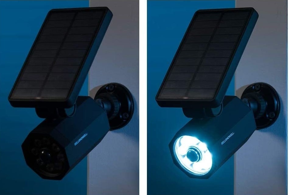 bionic spotlight solar-powered light off on the left and on the right