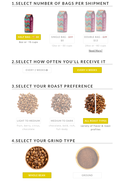 a screenshot showing you can select the number of bags, delivery frequency, roast types, and grind types 