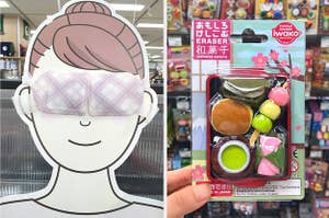 a cardboard cut out of a face with an eye mask; erasers shaped like japanese desserts