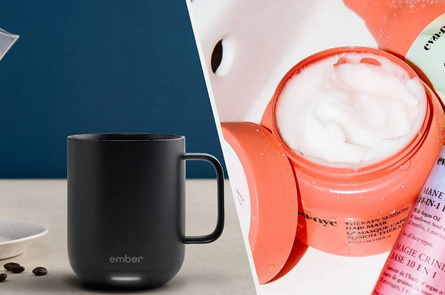 to the left: an ember mug, to the right a hair mask in a jar