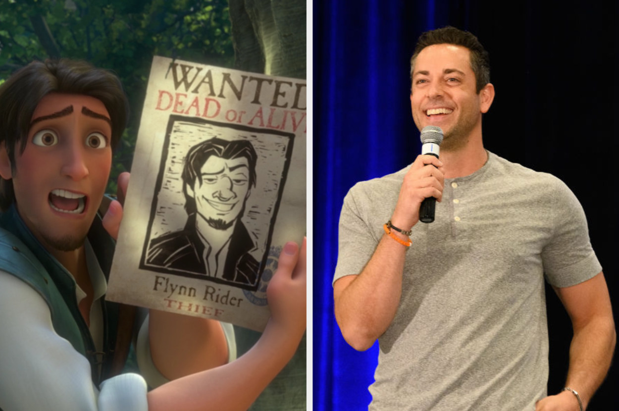 Flynn holding up his wanted poster and Zachary Levi