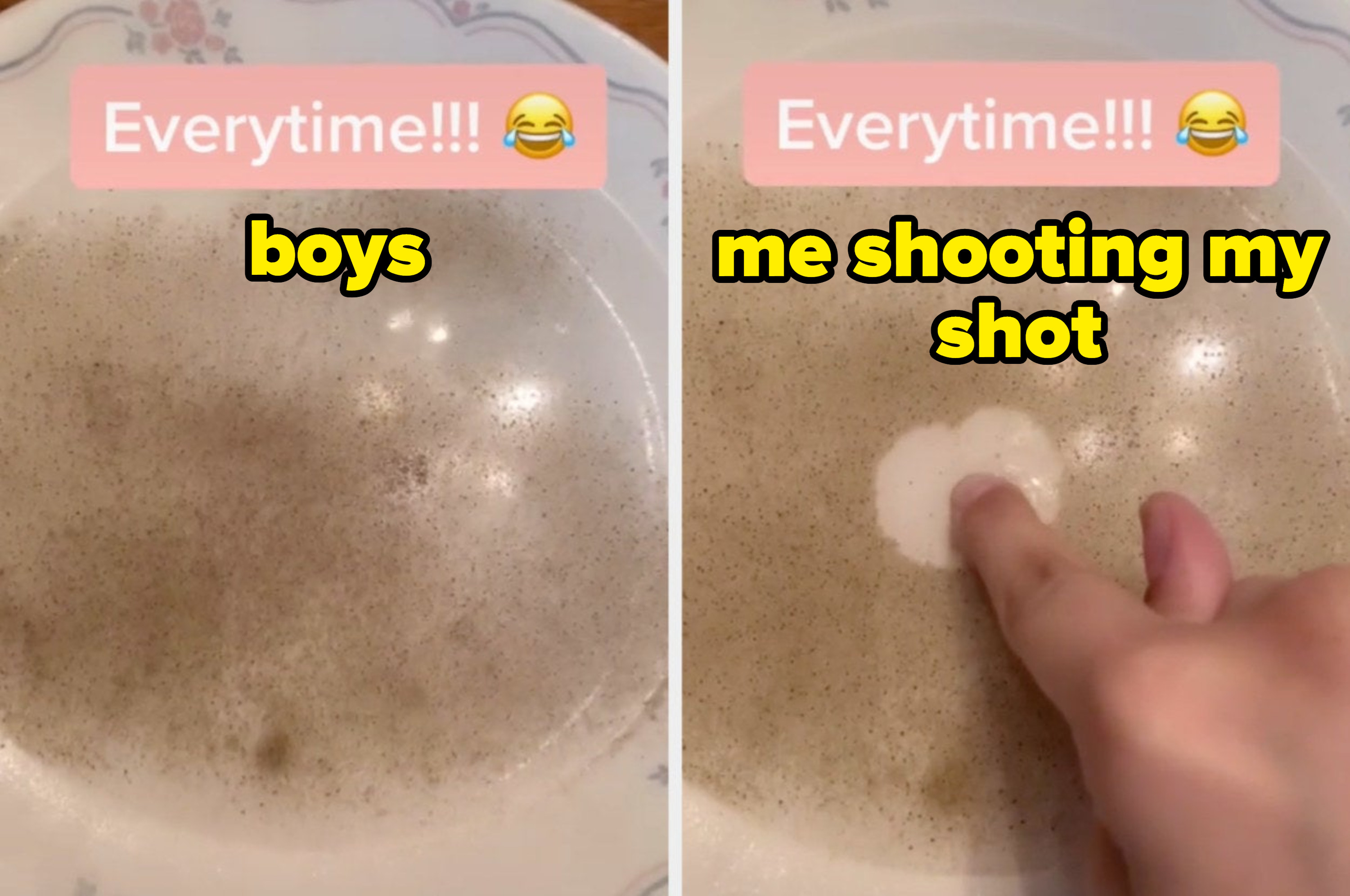 A bowl of water with pepper flakes labeled &quot;boys&quot; and then a finger dipped into the bowl, making the pepper repel with the caption &quot;me shooting my shot&quot;
