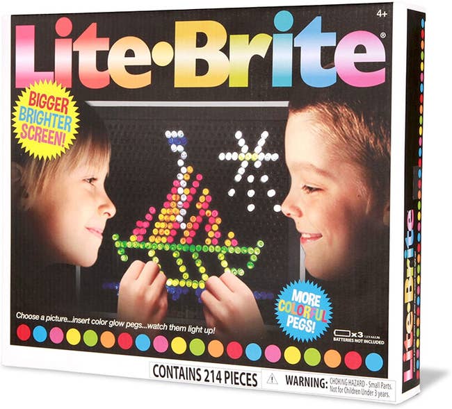 The Lite Bright box which says the kit contains 214 pieces and a bigger, brighter screen