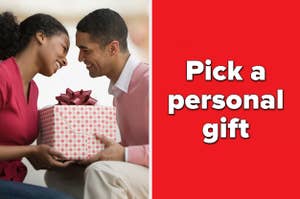 "Pick a personal gift" with a photo of a couple exchanging gifts