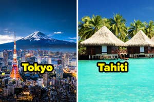 Tokyo city with Mt. Fuji in the background, and huts on the ocean in Tahiti with palm trees in the background