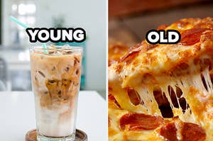 young iced coffee and old pizza